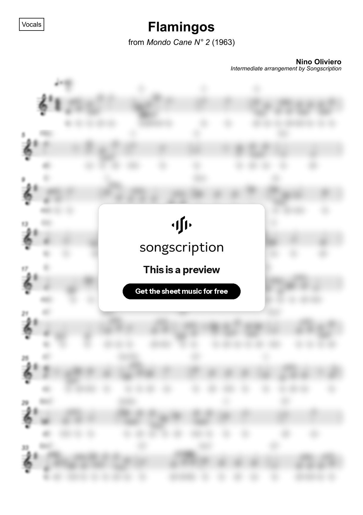 Intermediate Vocals Sheet Music for "Flamingos" by Nino Oliviero