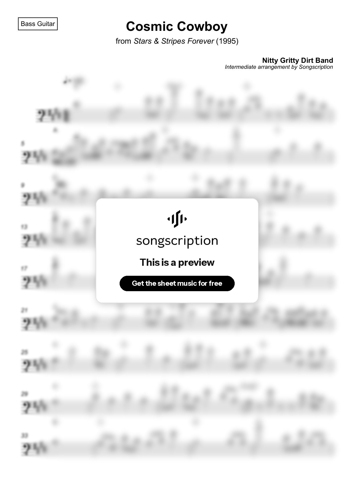Intermediate Bass Guitar Sheet Music for "Cosmic Cowboy" by Nitty Gritty Dirt Band