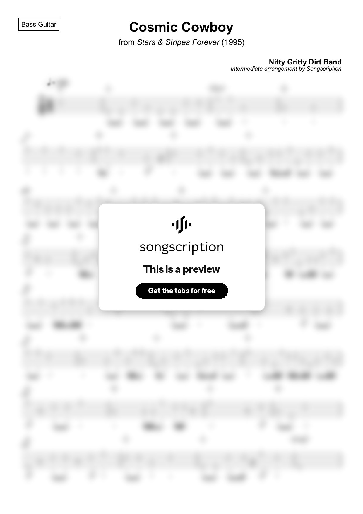 Intermediate Bass Guitar Tabs for "Cosmic Cowboy" by Nitty Gritty Dirt Band
