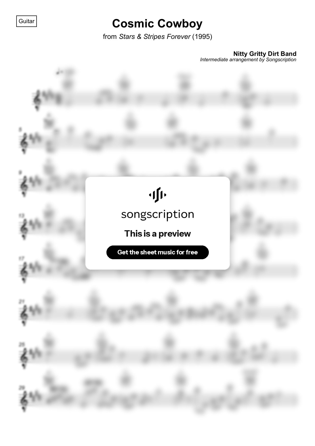 Intermediate Acoustic Guitar Sheet Music for "Cosmic Cowboy" by Nitty Gritty Dirt Band