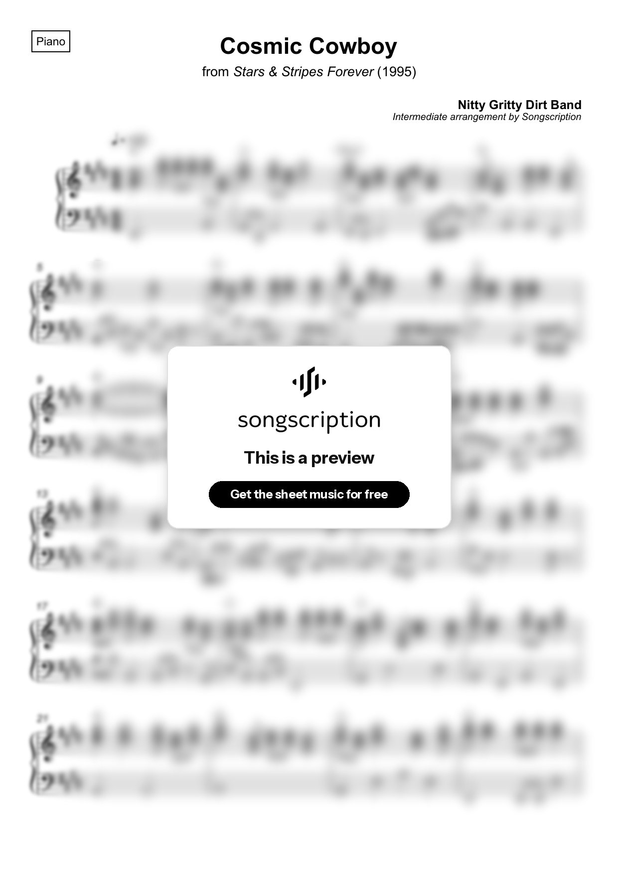 Intermediate Piano Sheet Music for "Cosmic Cowboy" by Nitty Gritty Dirt Band