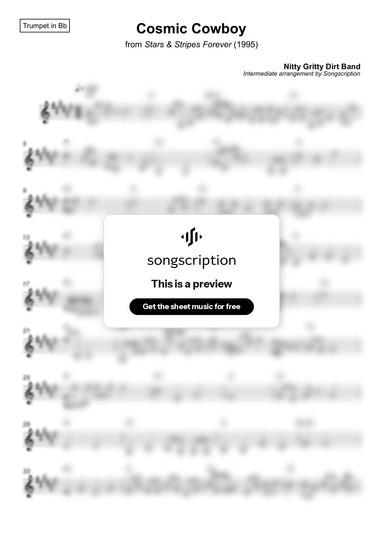 Intermediate Trumpet Sheet Music for "Cosmic Cowboy" by Nitty Gritty Dirt Band