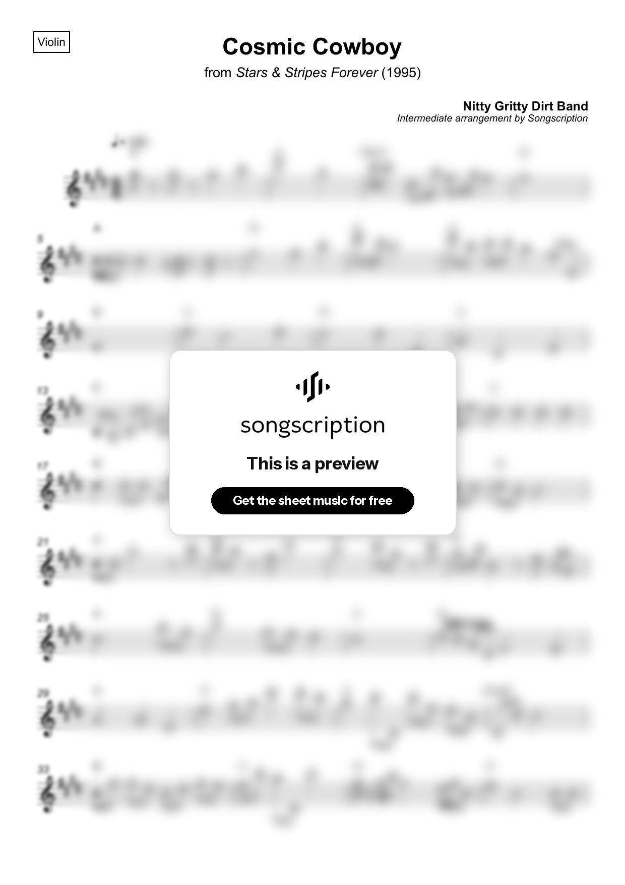 Intermediate Violin Sheet Music for "Cosmic Cowboy" by Nitty Gritty Dirt Band