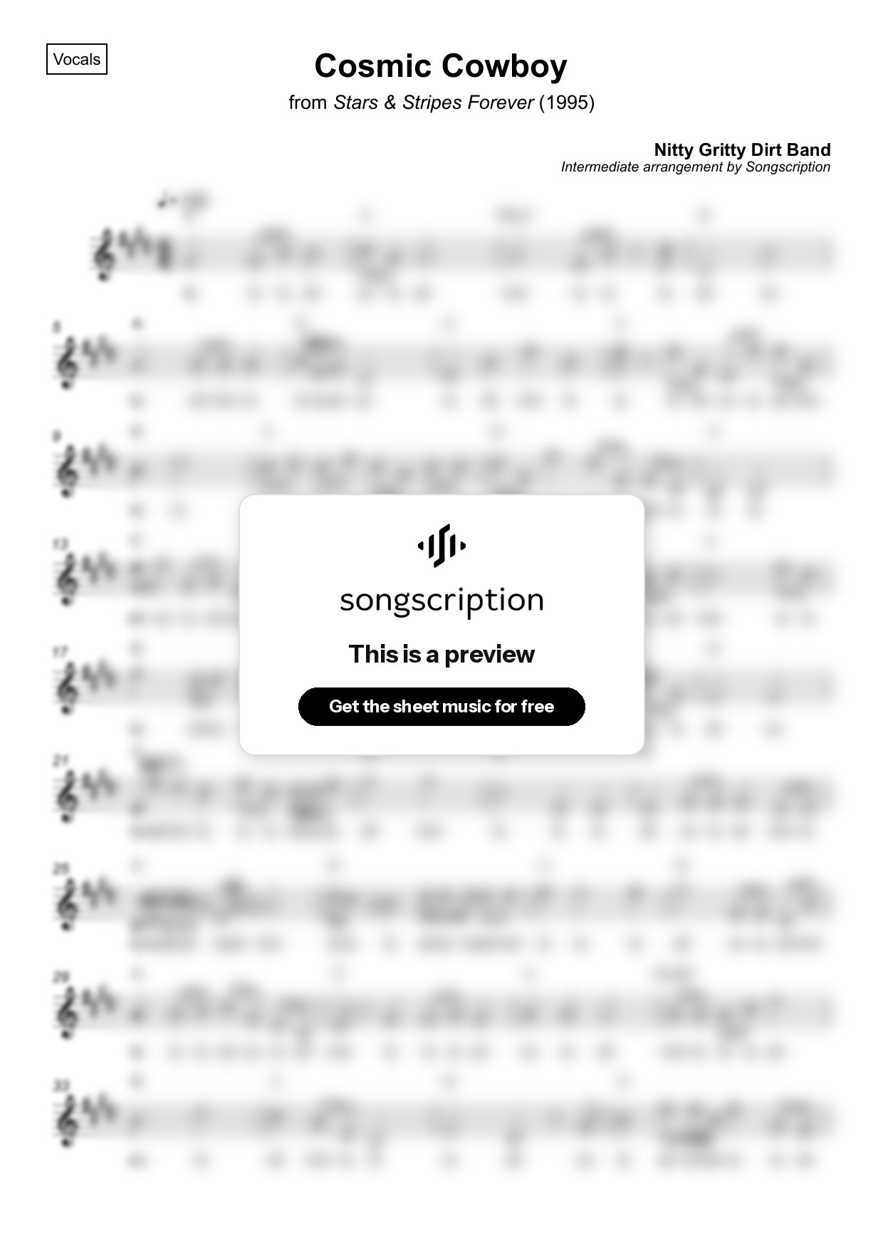 Intermediate Vocals Sheet Music for "Cosmic Cowboy" by Nitty Gritty Dirt Band