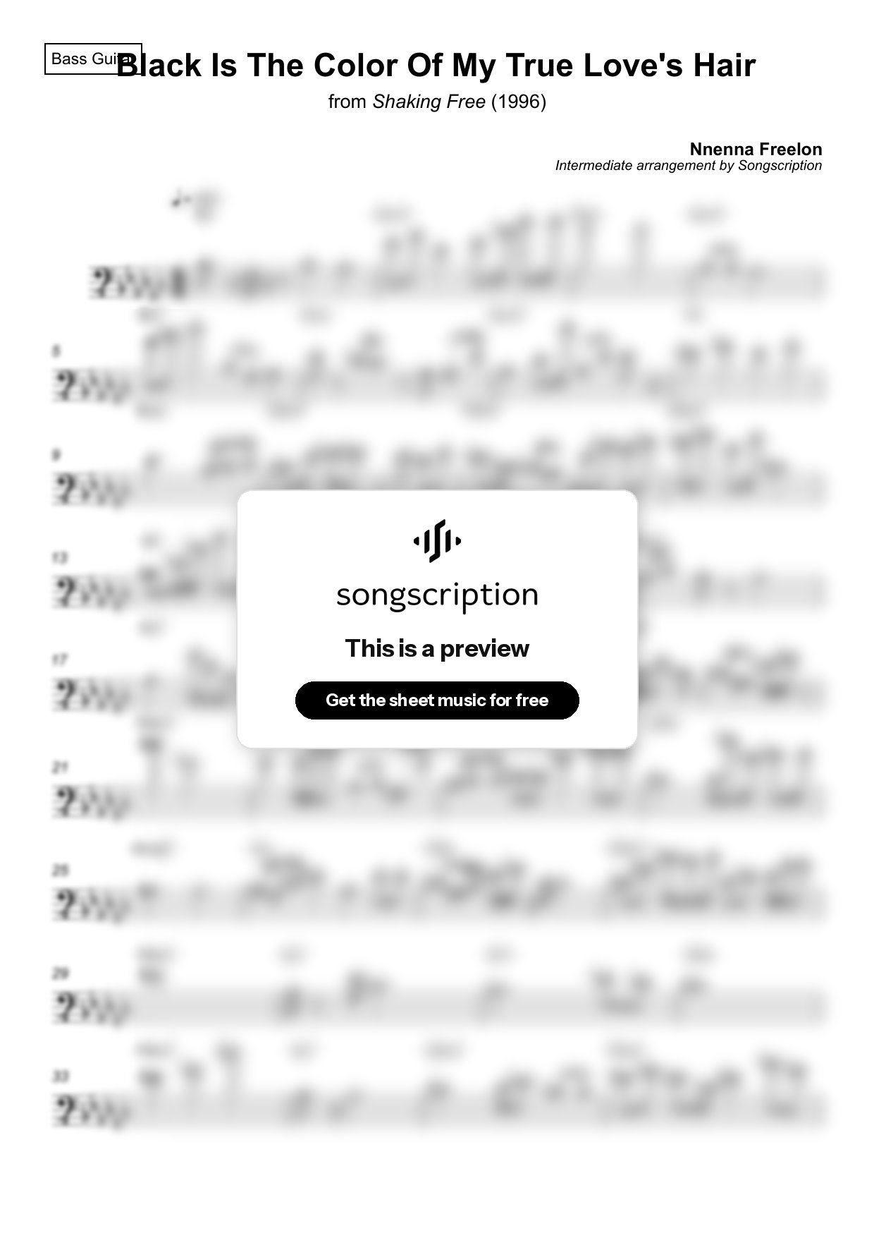 Intermediate Bass Guitar Sheet Music for "Black Is The Color Of My True Love's Hair" by Nnenna Freelon