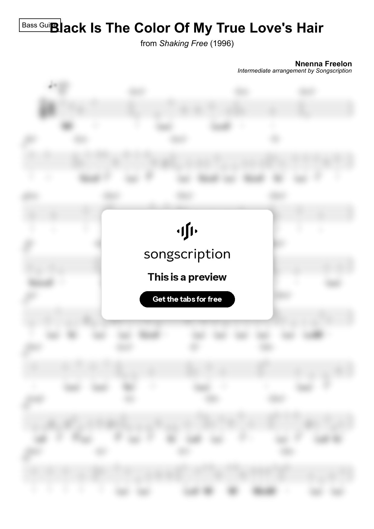 Intermediate Bass Guitar Tabs for "Black Is The Color Of My True Love's Hair" by Nnenna Freelon