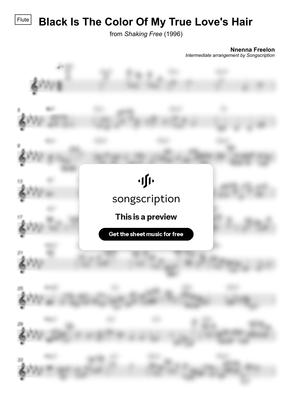 Intermediate Flute Sheet Music for "Black Is The Color Of My True Love's Hair" by Nnenna Freelon