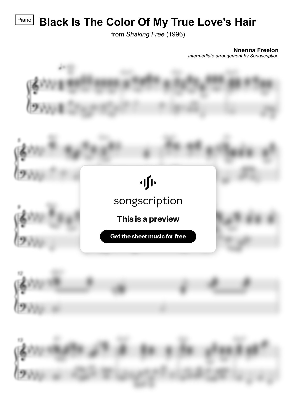 Intermediate Piano Sheet Music for "Black Is The Color Of My True Love's Hair" by Nnenna Freelon