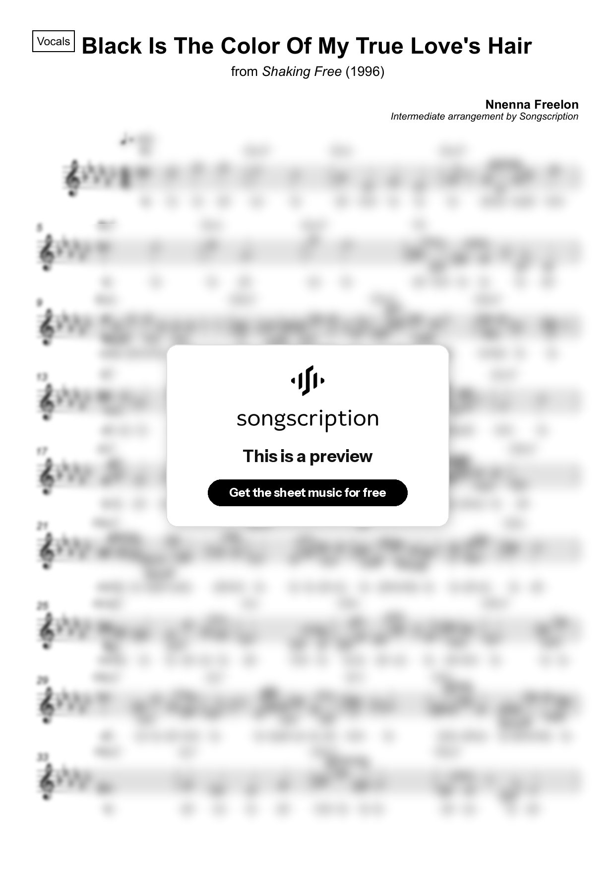 Intermediate Vocals Sheet Music for "Black Is The Color Of My True Love's Hair" by Nnenna Freelon