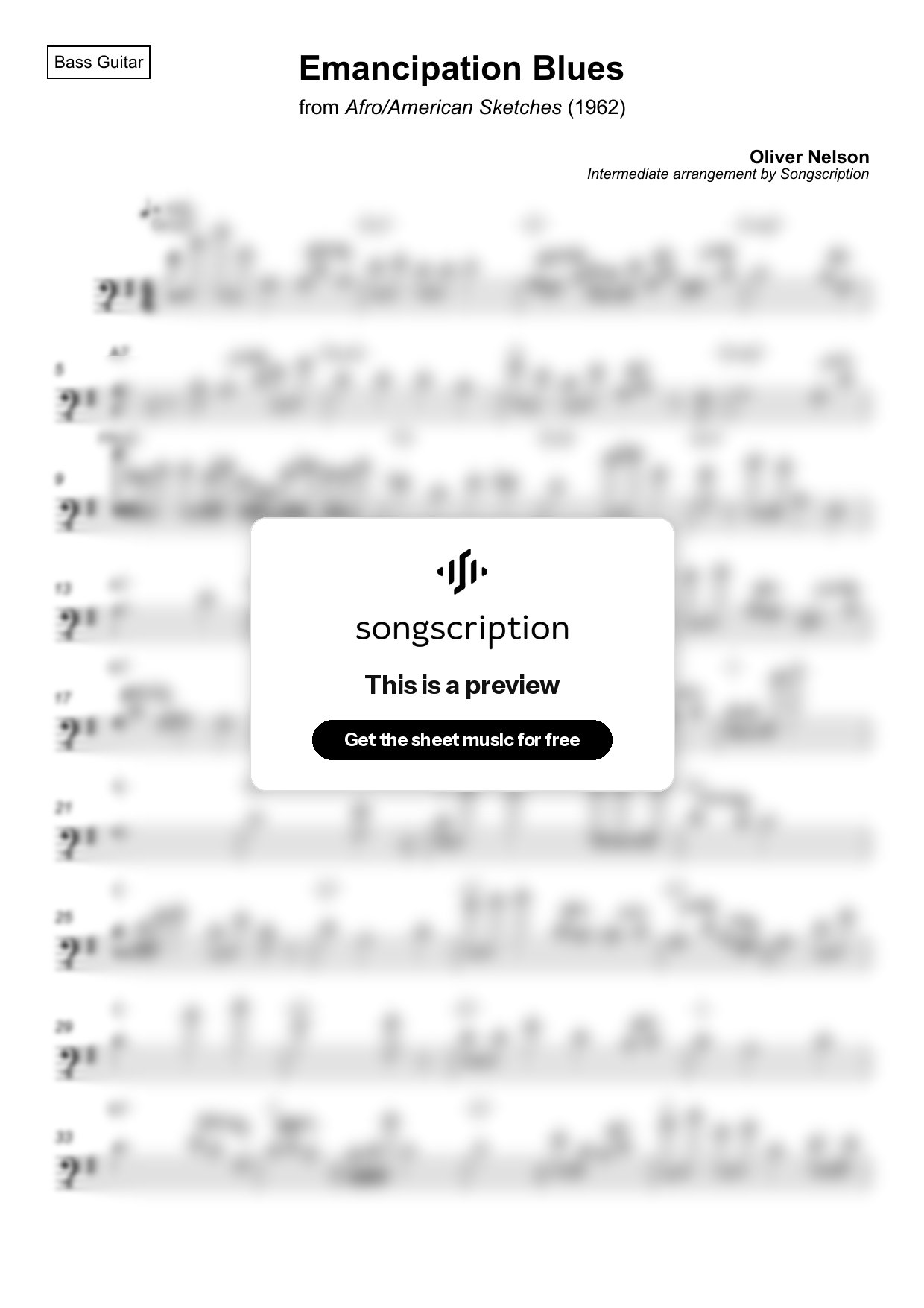 Intermediate Bass Guitar Sheet Music for "Emancipation Blues" by Oliver Nelson