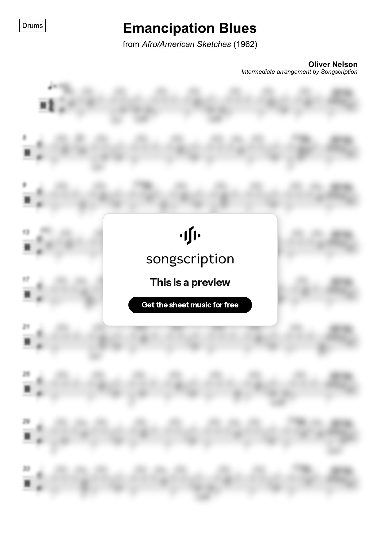 Intermediate Drums Sheet Music for "Emancipation Blues" by Oliver Nelson