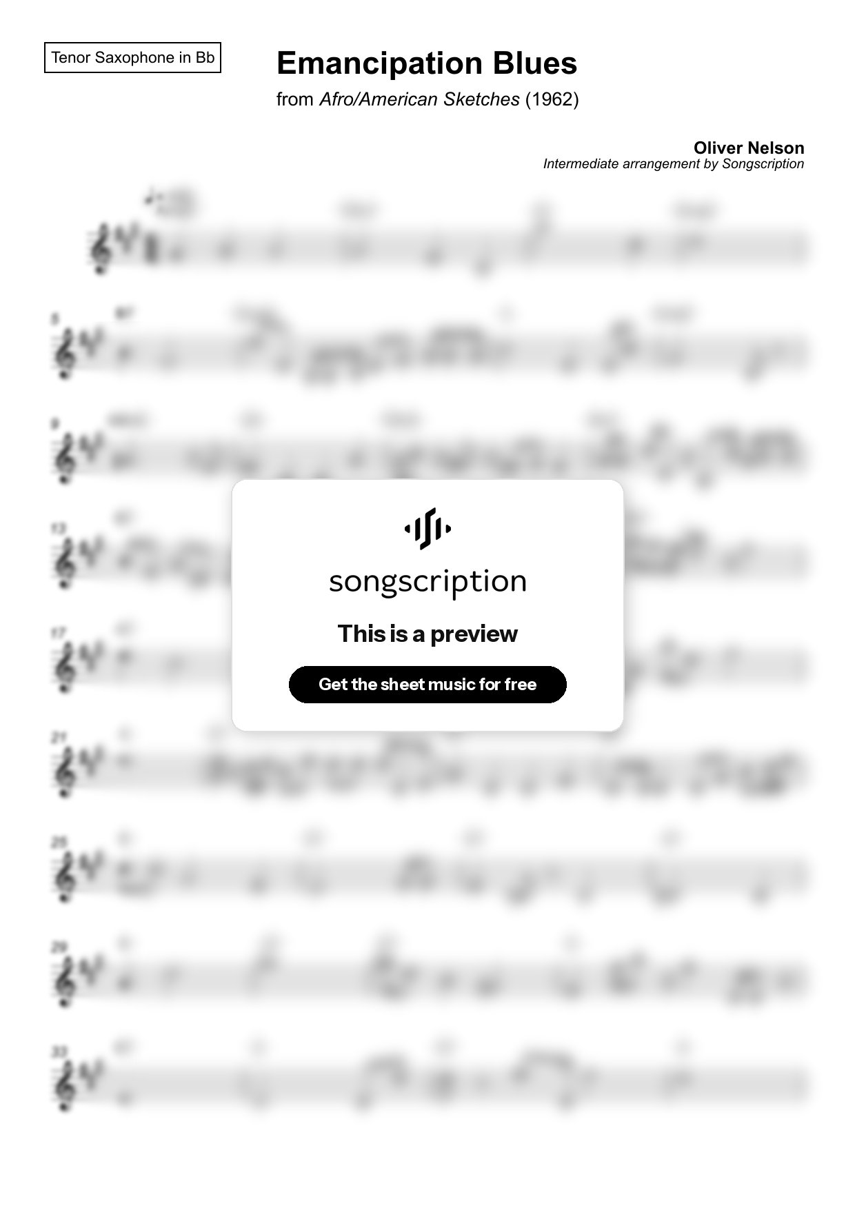 Intermediate Tenor Sax Sheet Music for "Emancipation Blues" by Oliver Nelson