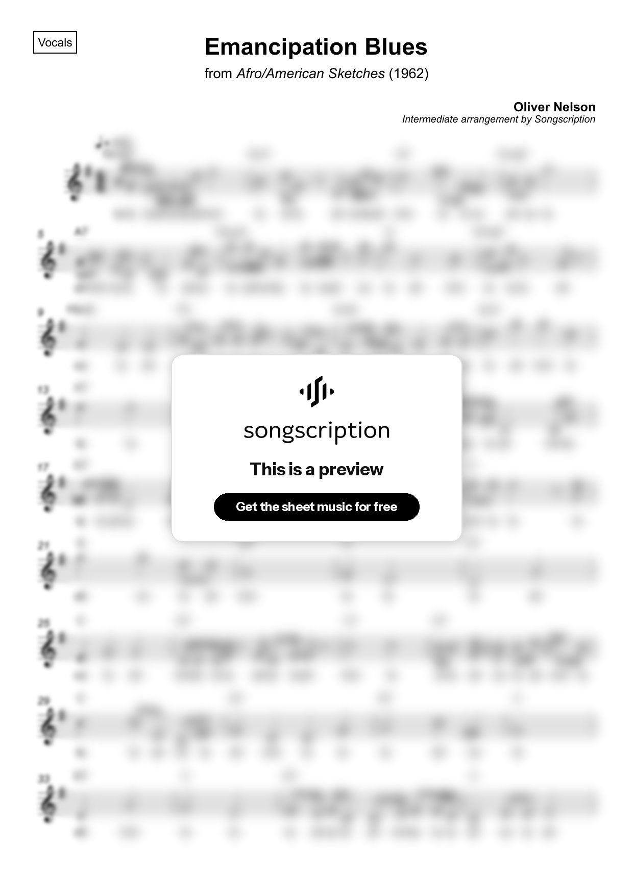 Intermediate Vocals Sheet Music for "Emancipation Blues" by Oliver Nelson