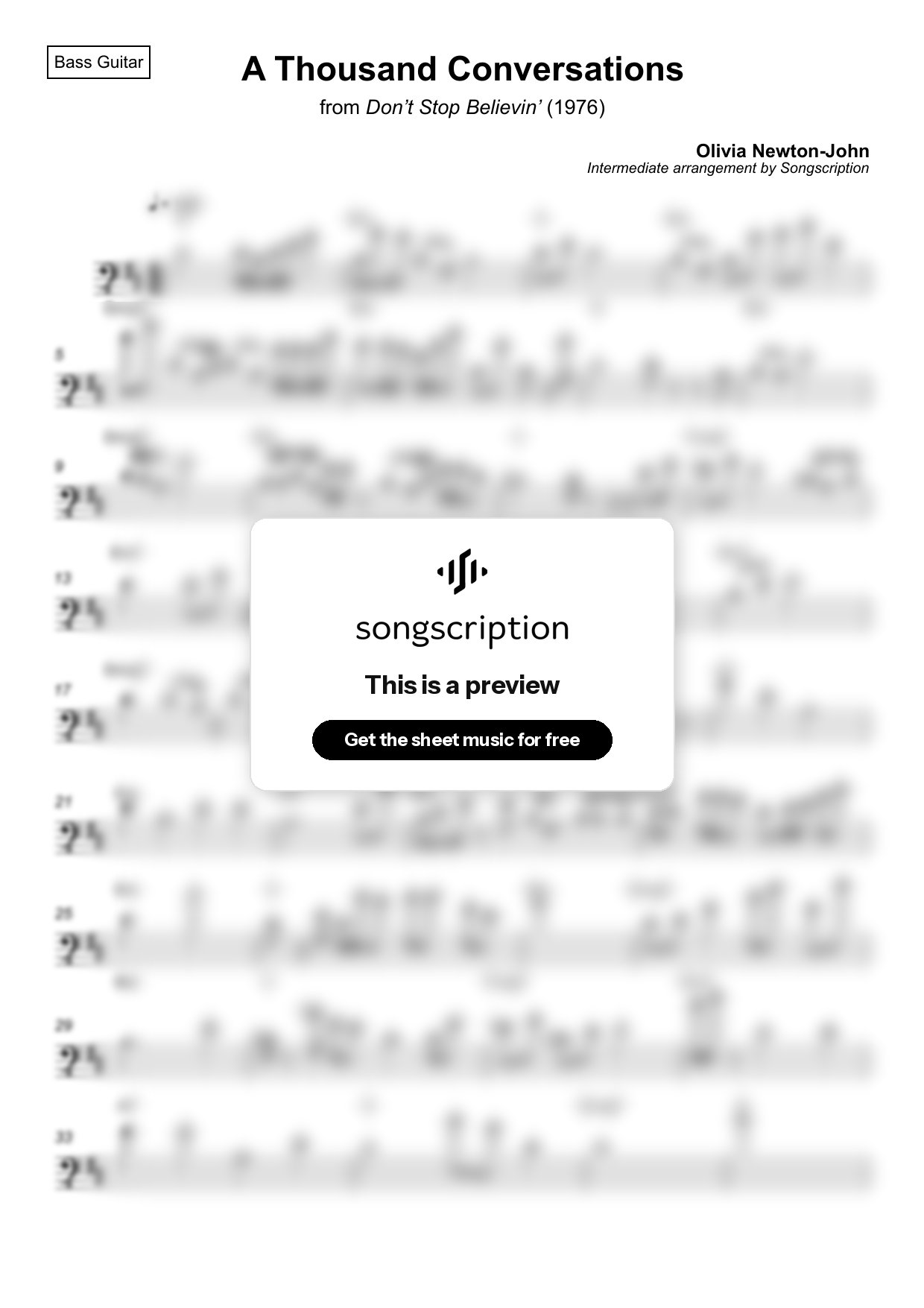 Intermediate Bass Guitar Sheet Music for "A Thousand Conversations" by Olivia Newton-John