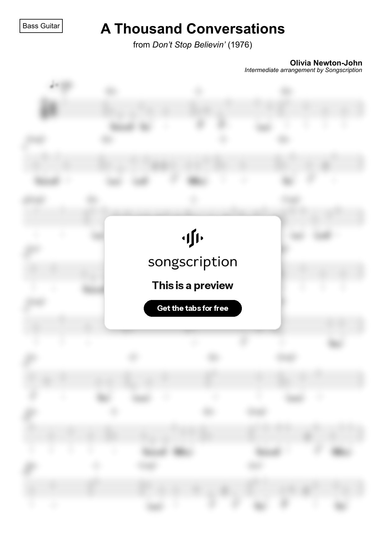 Intermediate Bass Guitar Tabs for "A Thousand Conversations" by Olivia Newton-John