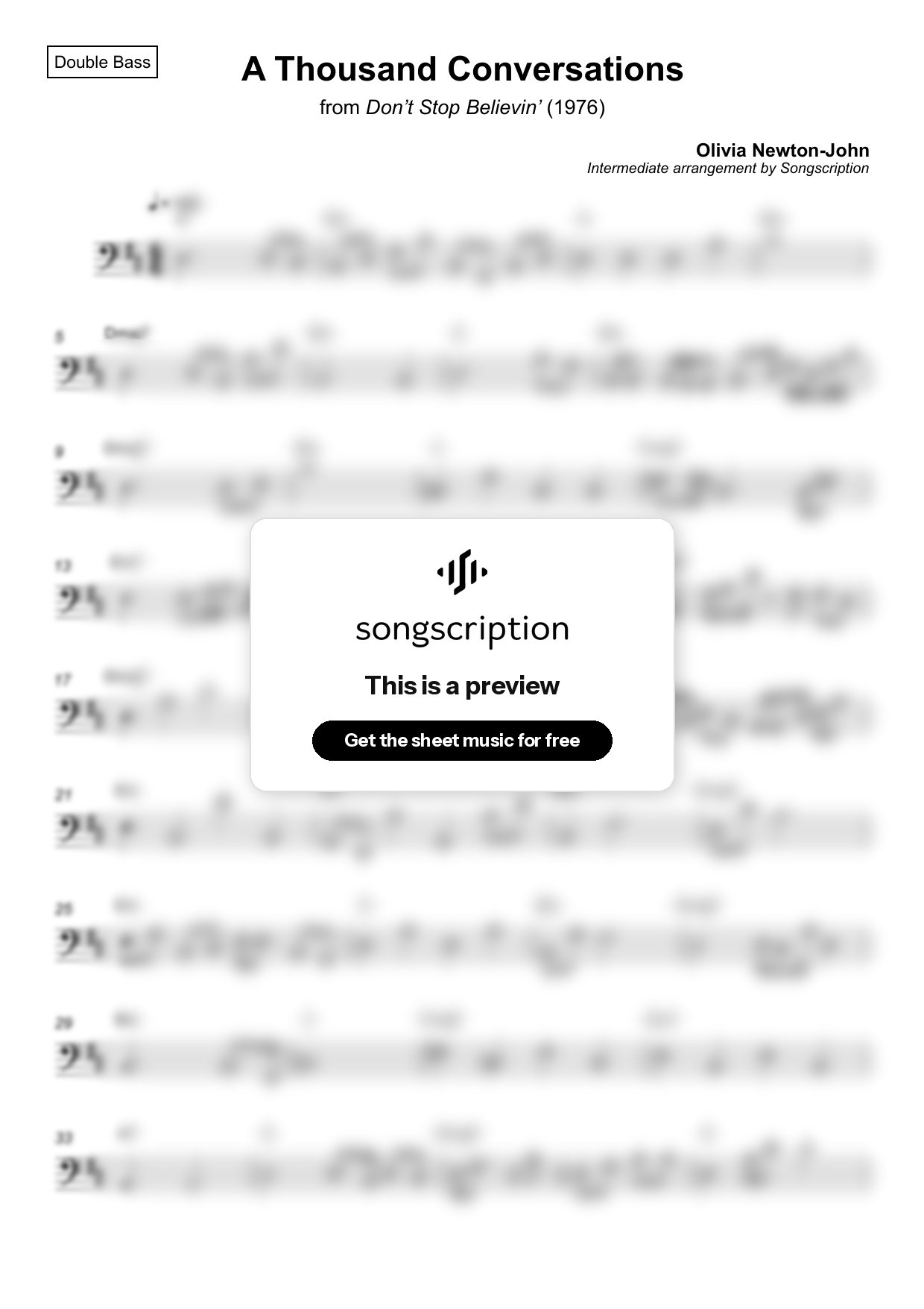 Intermediate Double Bass Sheet Music for "A Thousand Conversations" by Olivia Newton-John