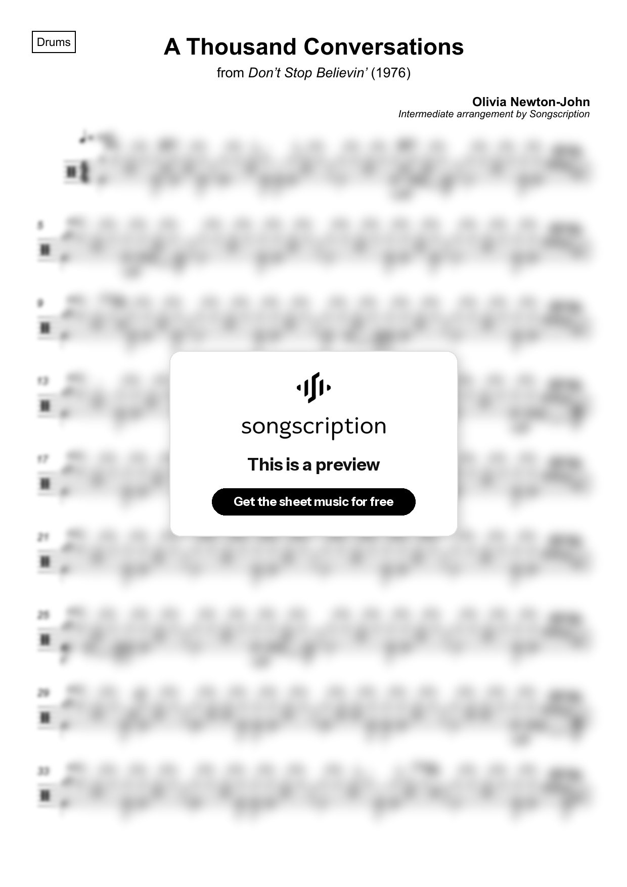 Intermediate Drums Sheet Music for "A Thousand Conversations" by Olivia Newton-John