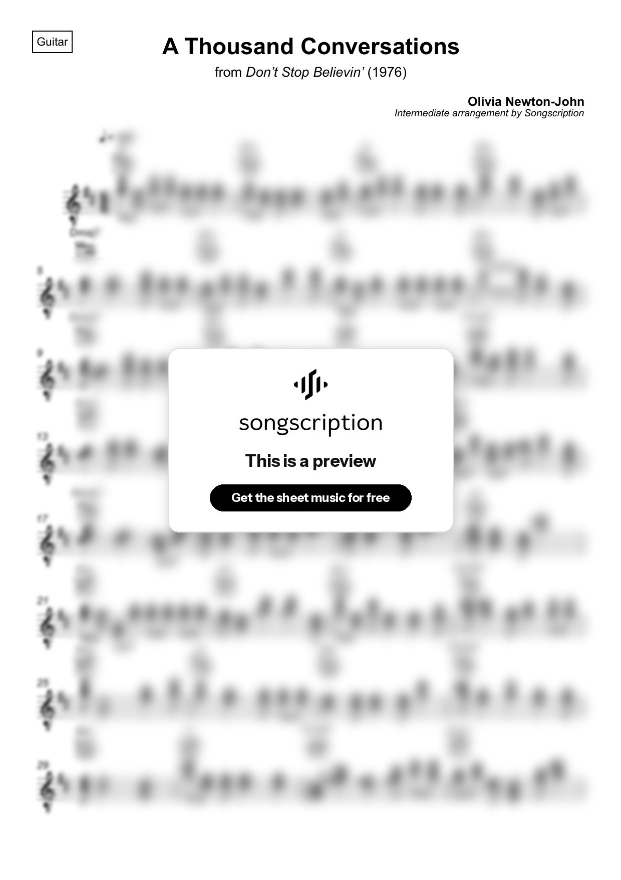Intermediate Acoustic Guitar Sheet Music for "A Thousand Conversations" by Olivia Newton-John
