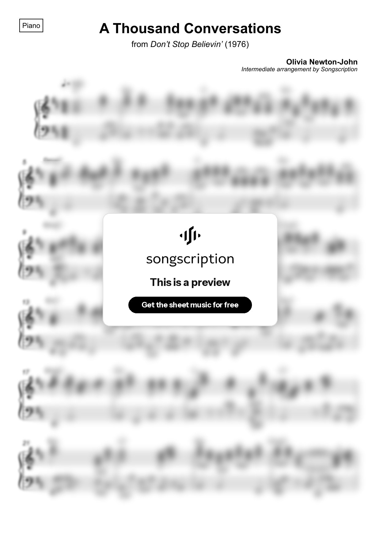 Intermediate Piano Sheet Music for "A Thousand Conversations" by Olivia Newton-John