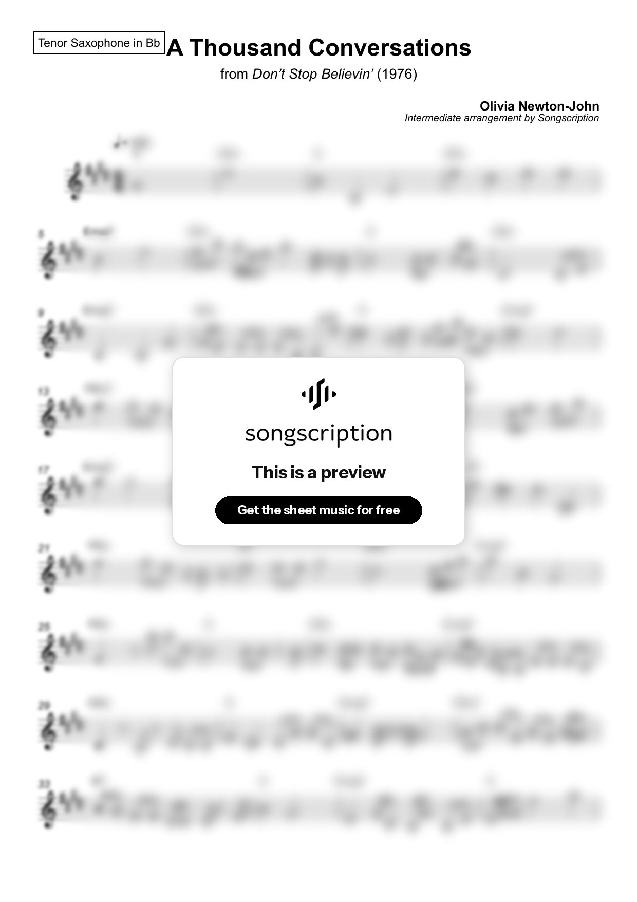 Intermediate Tenor Sax Sheet Music for "A Thousand Conversations" by Olivia Newton-John