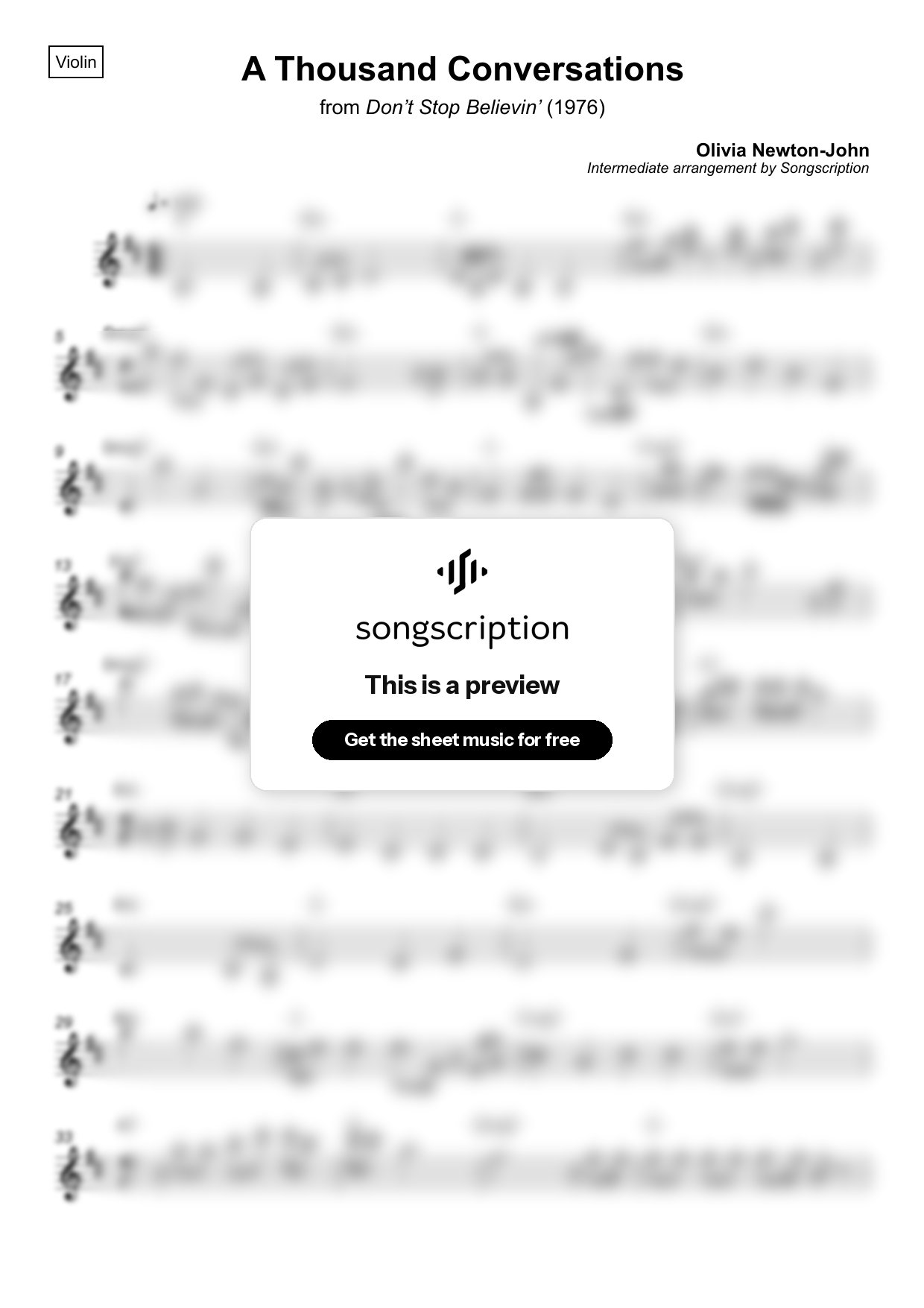 Intermediate Violin Sheet Music for "A Thousand Conversations" by Olivia Newton-John