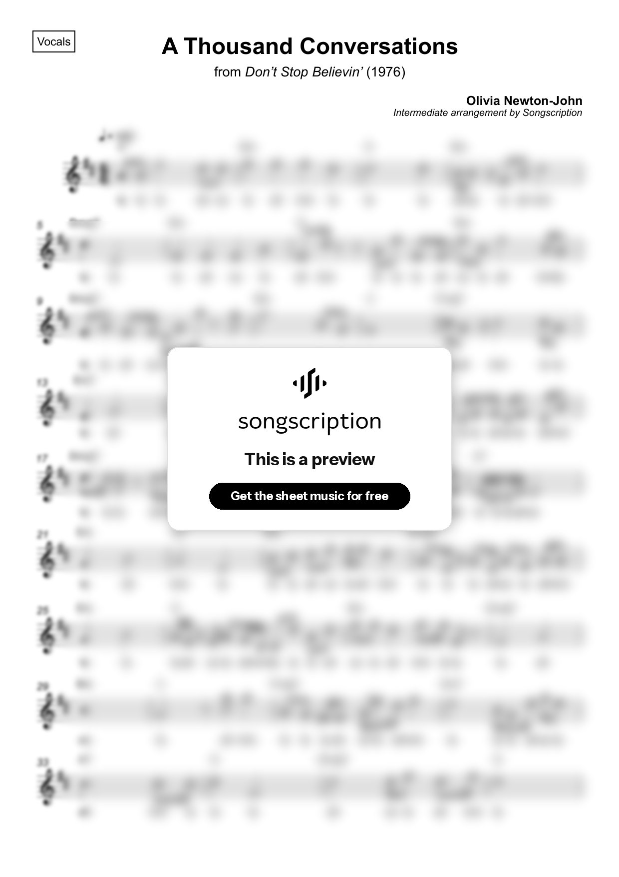 Intermediate Vocals Sheet Music for "A Thousand Conversations" by Olivia Newton-John