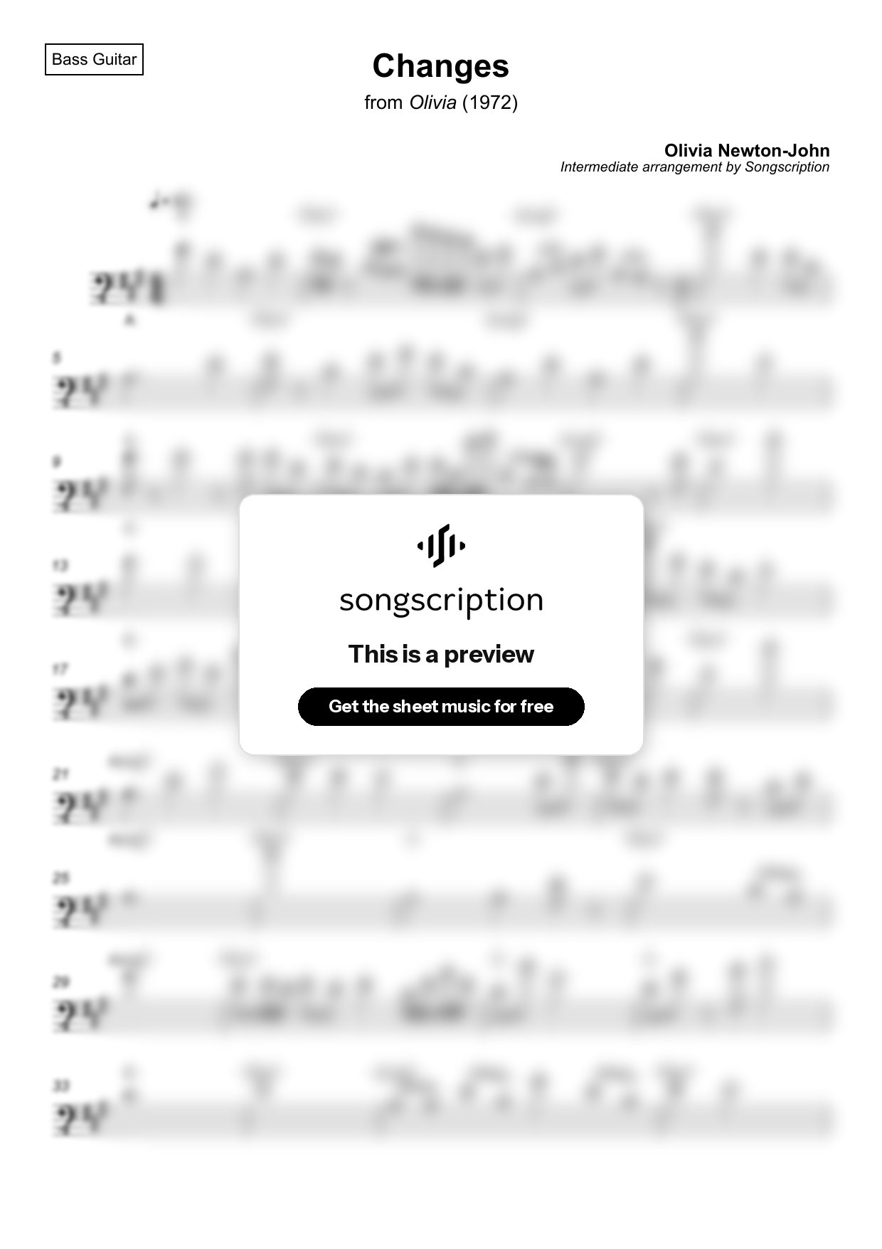 Intermediate Bass Guitar Sheet Music for "Changes" by Olivia Newton-John