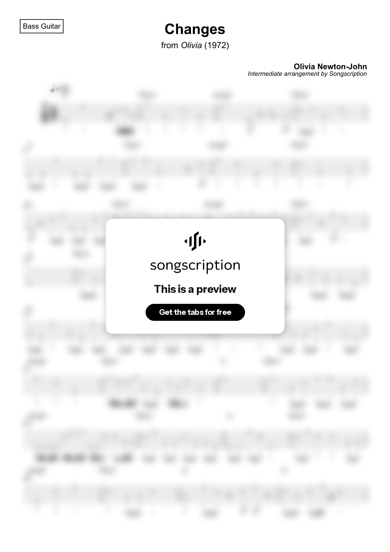 Intermediate Bass Guitar Tabs for "Changes" by Olivia Newton-John