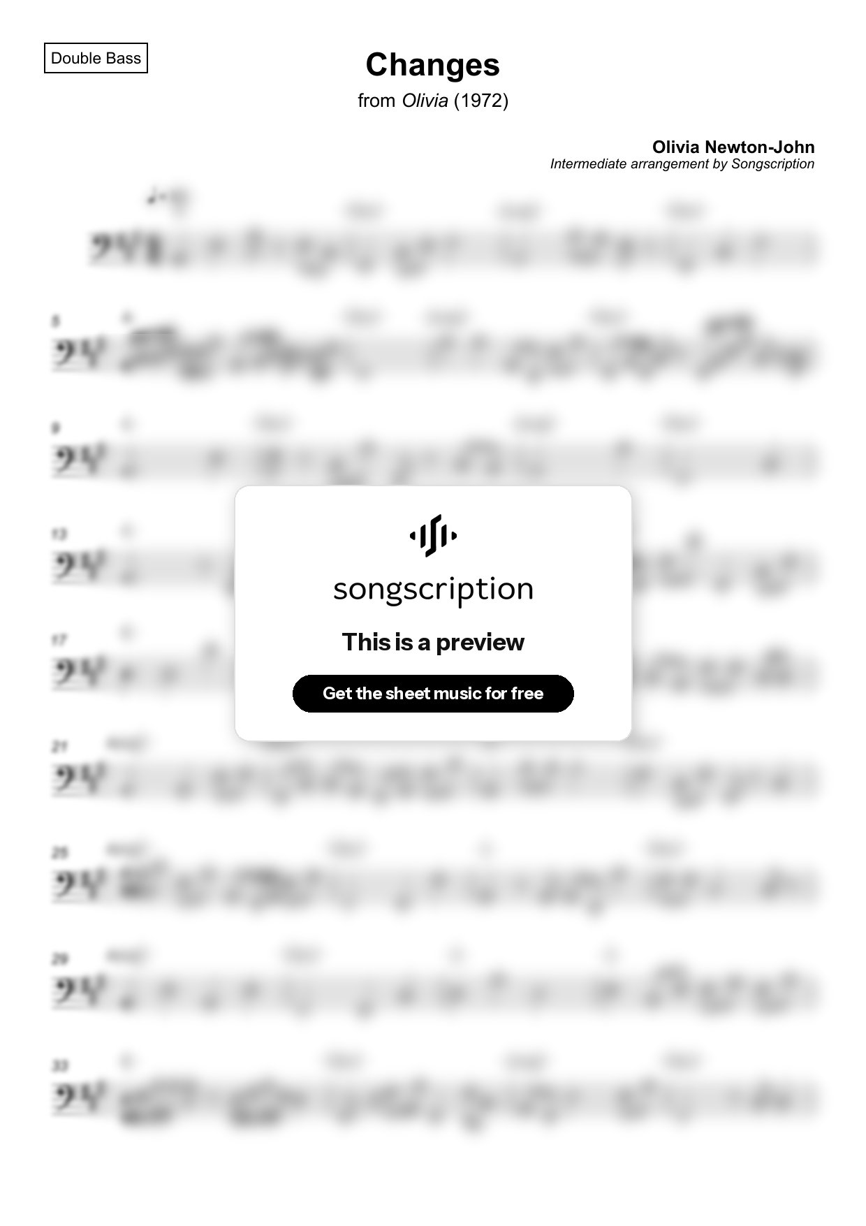 Intermediate Double Bass Sheet Music for "Changes" by Olivia Newton-John