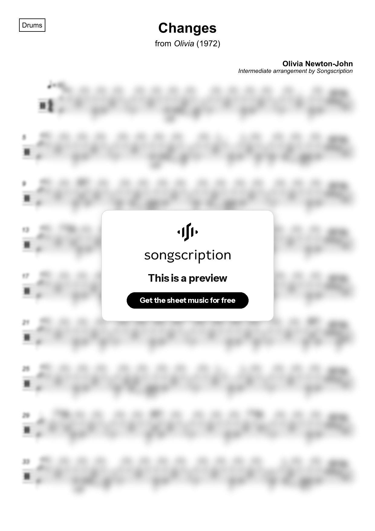 Intermediate Drums Sheet Music for "Changes" by Olivia Newton-John