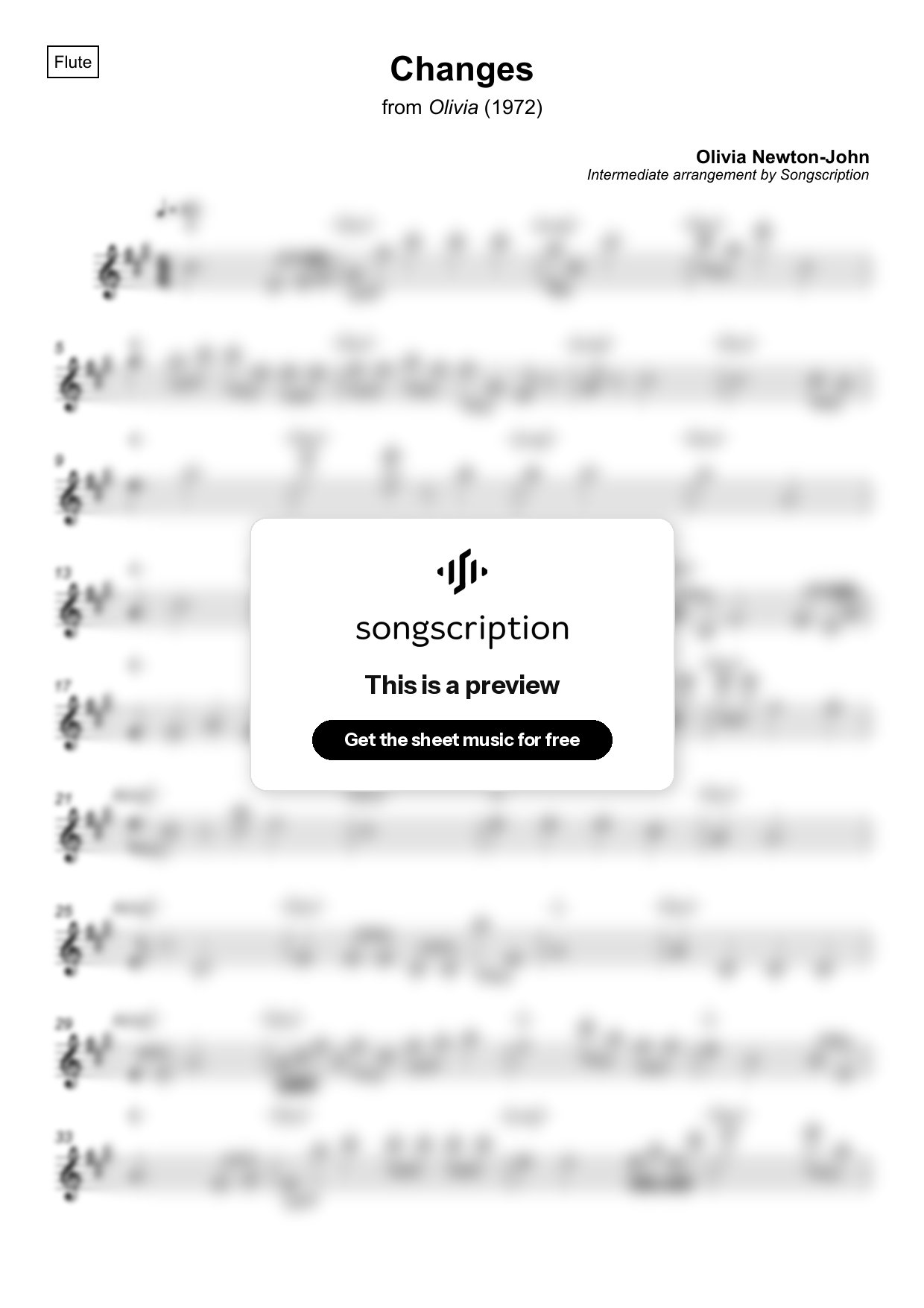 Intermediate Flute Sheet Music for "Changes" by Olivia Newton-John