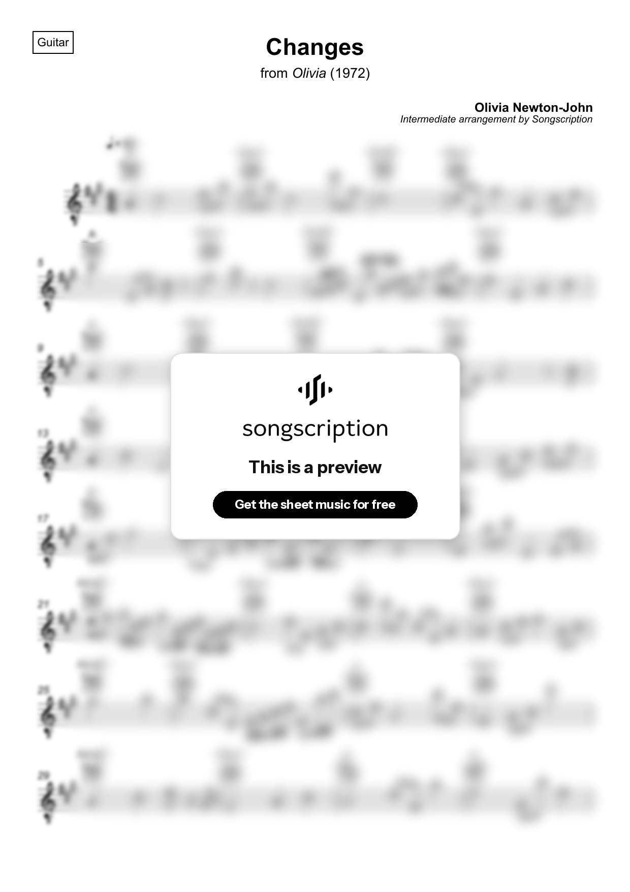 Intermediate Acoustic Guitar Sheet Music for "Changes" by Olivia Newton-John