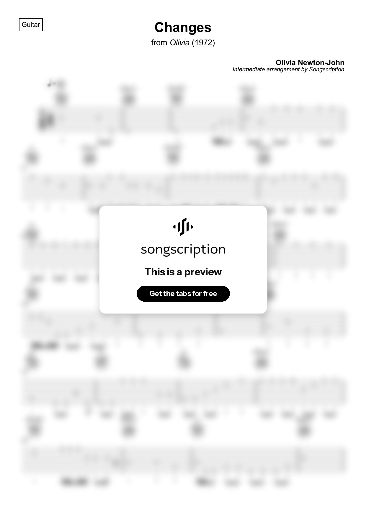 Intermediate Acoustic Guitar Tabs for "Changes" by Olivia Newton-John