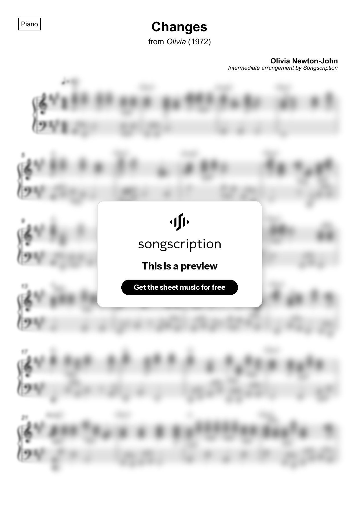 Intermediate Piano Sheet Music for "Changes" by Olivia Newton-John