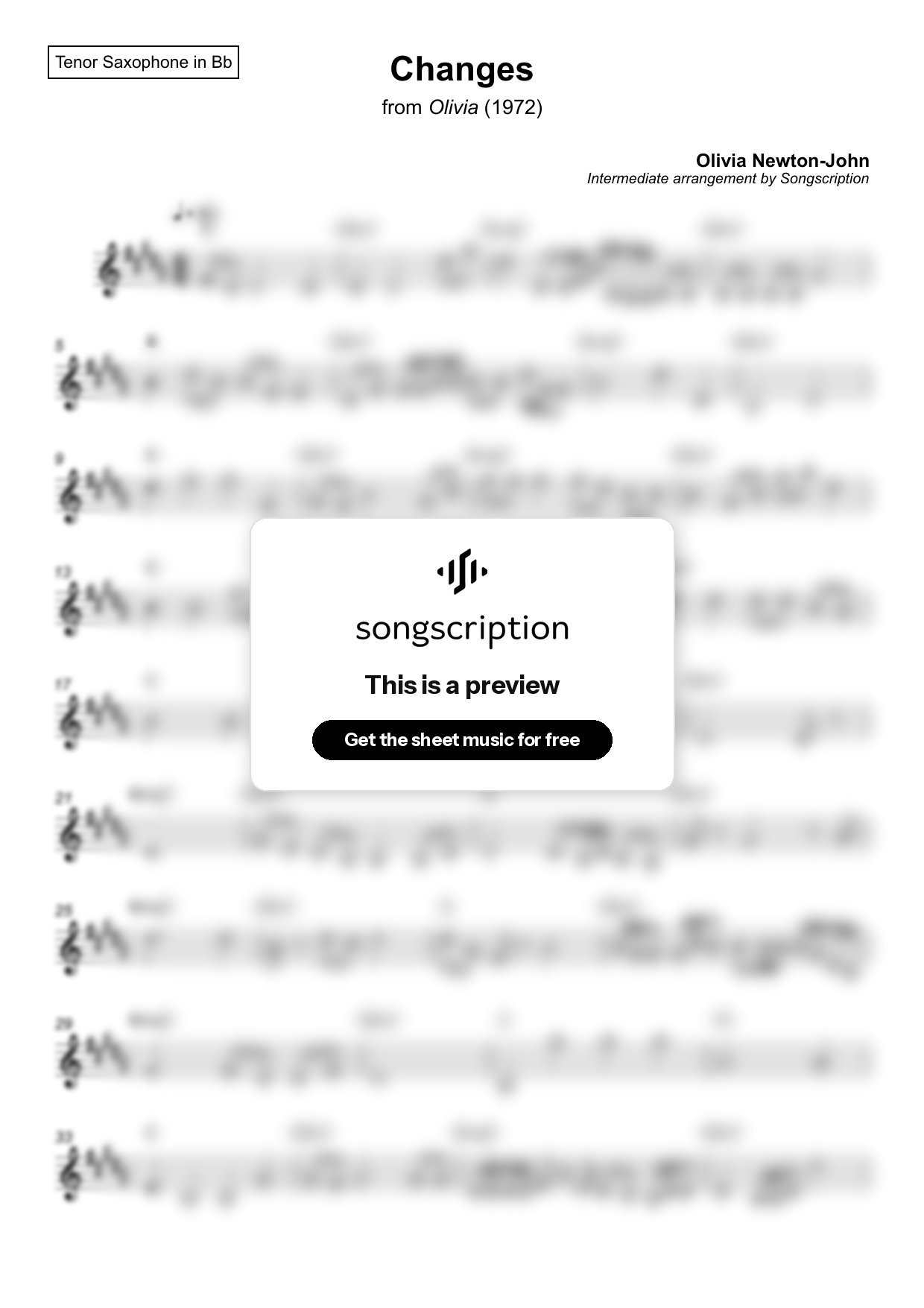 Intermediate Tenor Sax Sheet Music for "Changes" by Olivia Newton-John