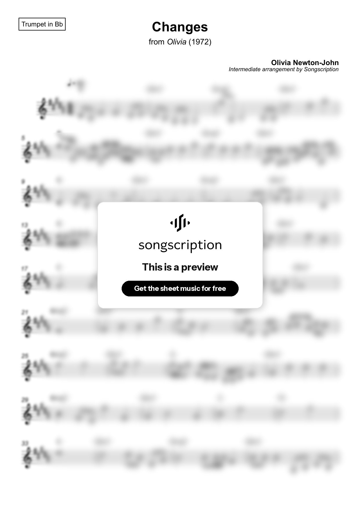 Intermediate Trumpet Sheet Music for "Changes" by Olivia Newton-John