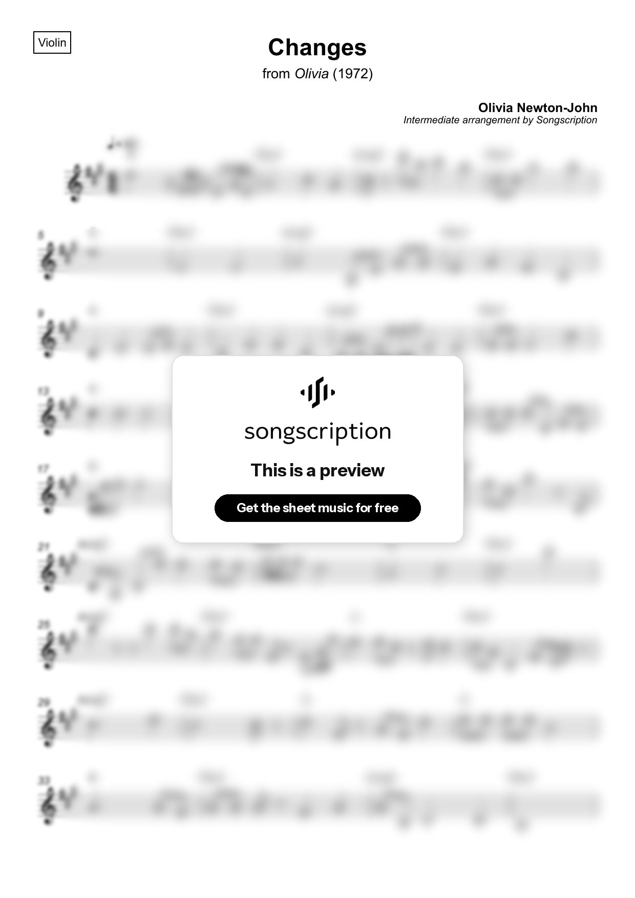 Intermediate Violin Sheet Music for "Changes" by Olivia Newton-John