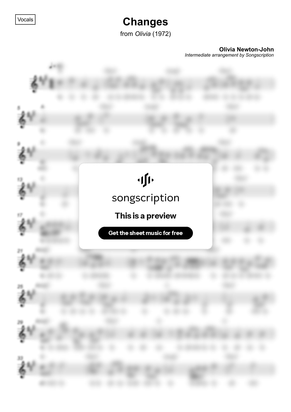 Intermediate Vocals Sheet Music for "Changes" by Olivia Newton-John