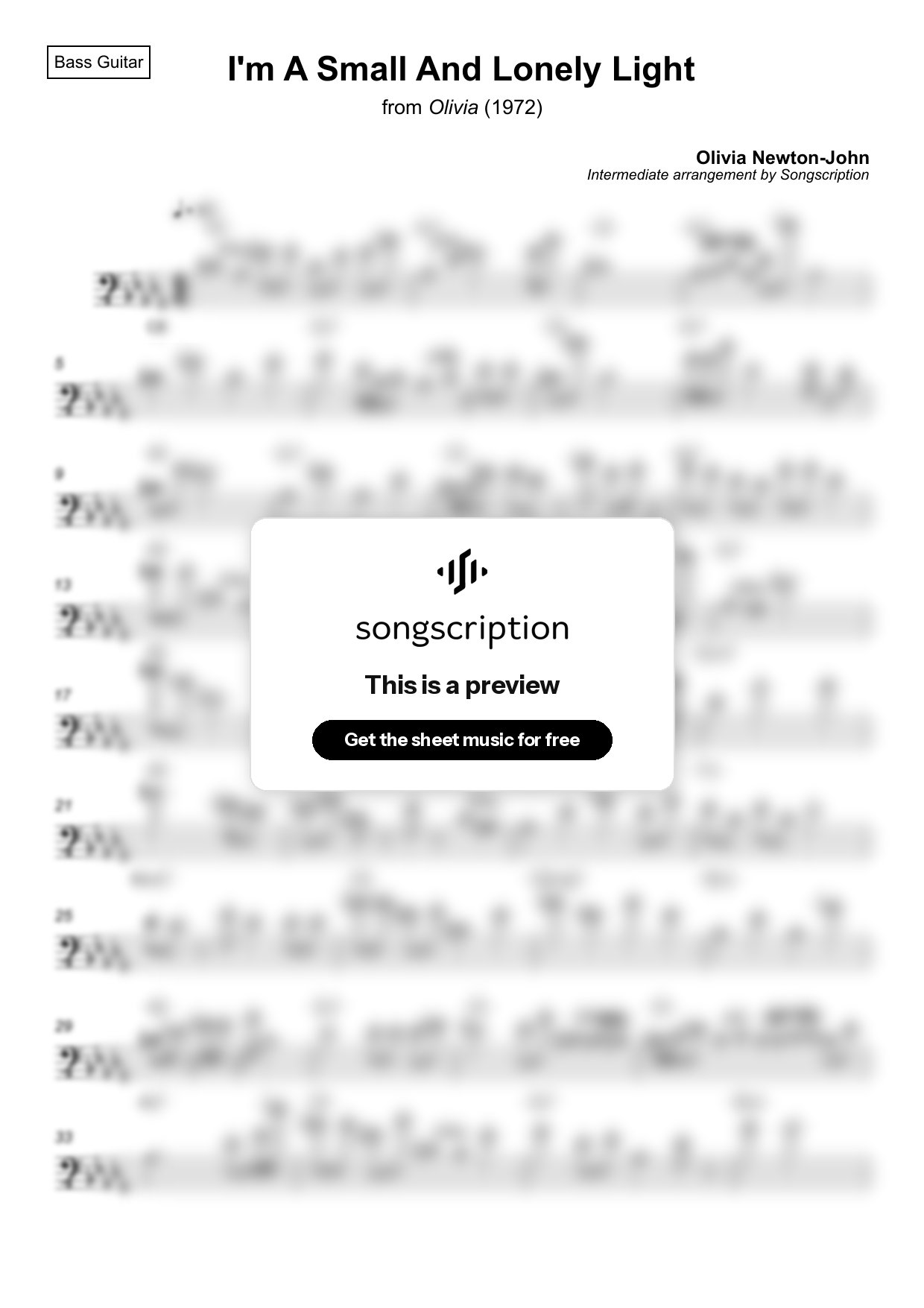 Intermediate Bass Guitar Sheet Music for "I'm A Small And Lonely Light" by Olivia Newton-John