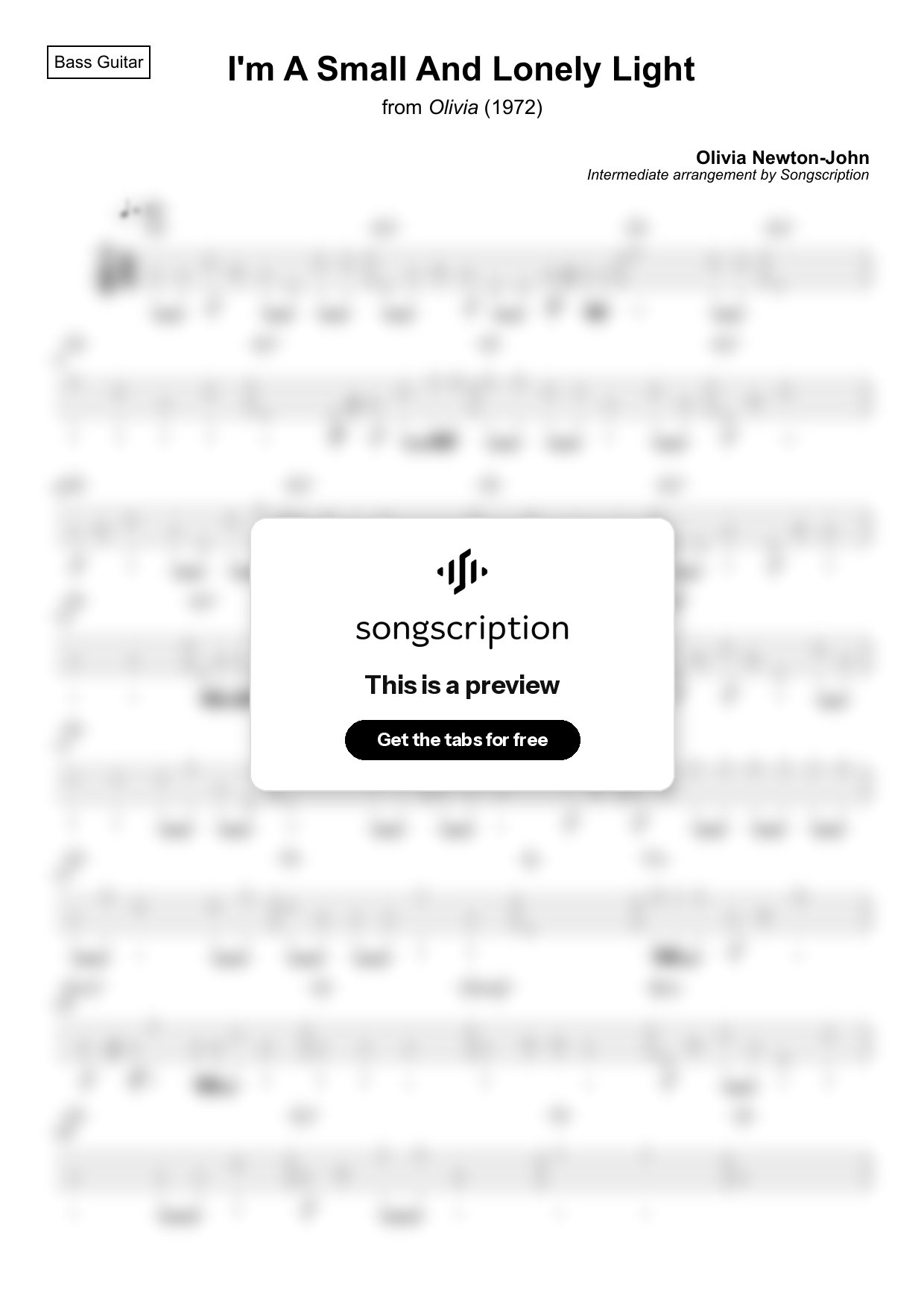 Intermediate Bass Guitar Tabs for "I'm A Small And Lonely Light" by Olivia Newton-John