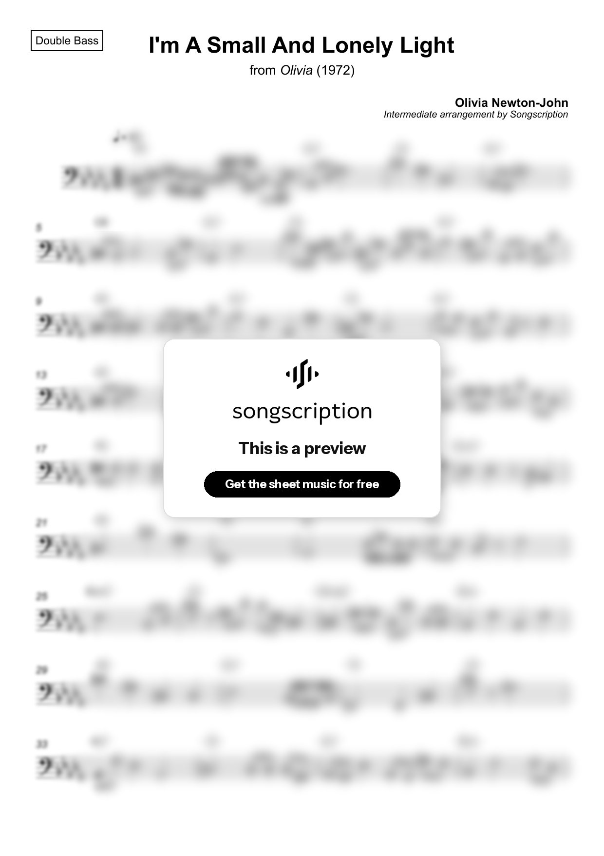 Intermediate Double Bass Sheet Music for "I'm A Small And Lonely Light" by Olivia Newton-John
