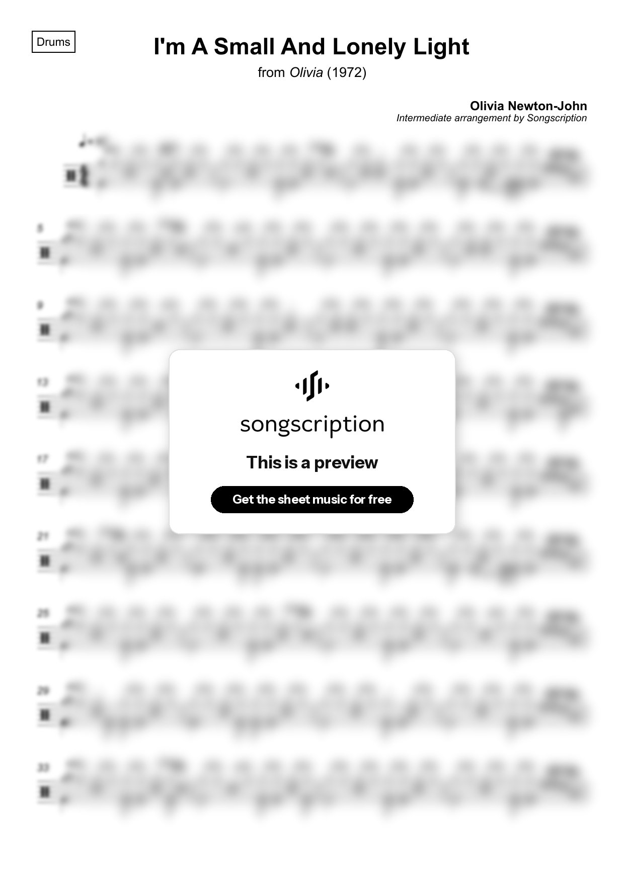 Intermediate Drums Sheet Music for "I'm A Small And Lonely Light" by Olivia Newton-John
