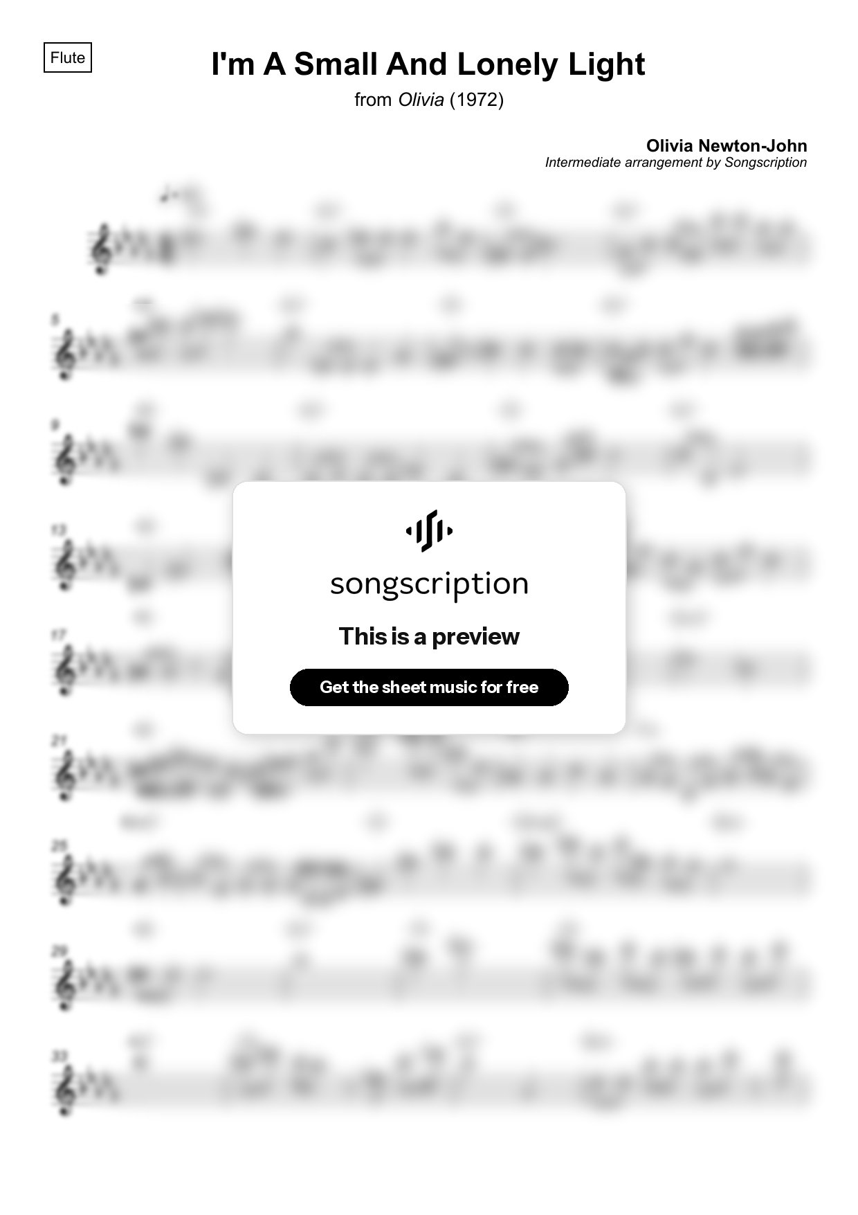 Intermediate Flute Sheet Music for "I'm A Small And Lonely Light" by Olivia Newton-John