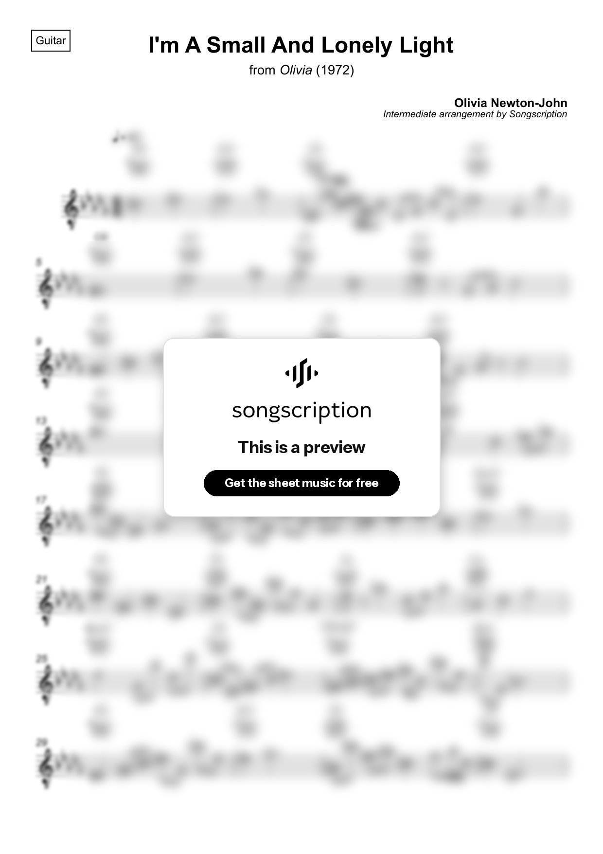 Intermediate Acoustic Guitar Sheet Music for "I'm A Small And Lonely Light" by Olivia Newton-John