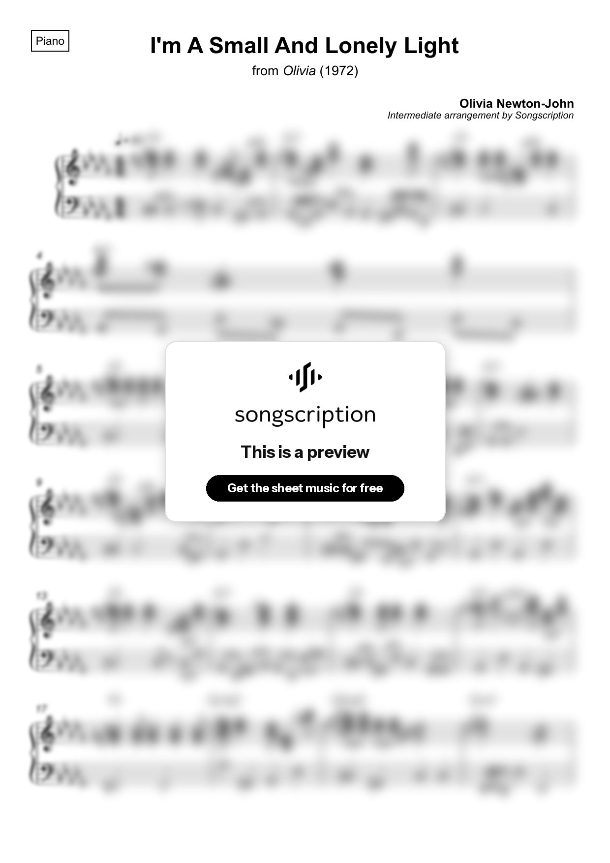 Intermediate Piano Sheet Music for "I'm A Small And Lonely Light" by Olivia Newton-John