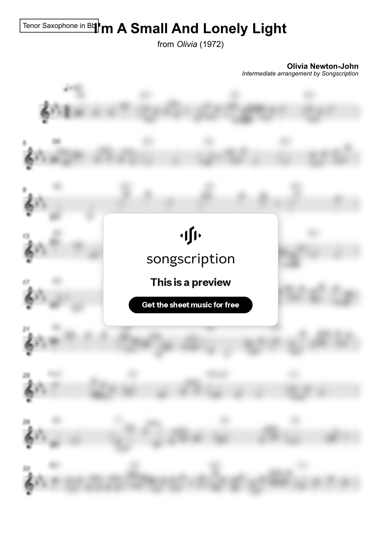 Intermediate Tenor Sax Sheet Music for "I'm A Small And Lonely Light" by Olivia Newton-John
