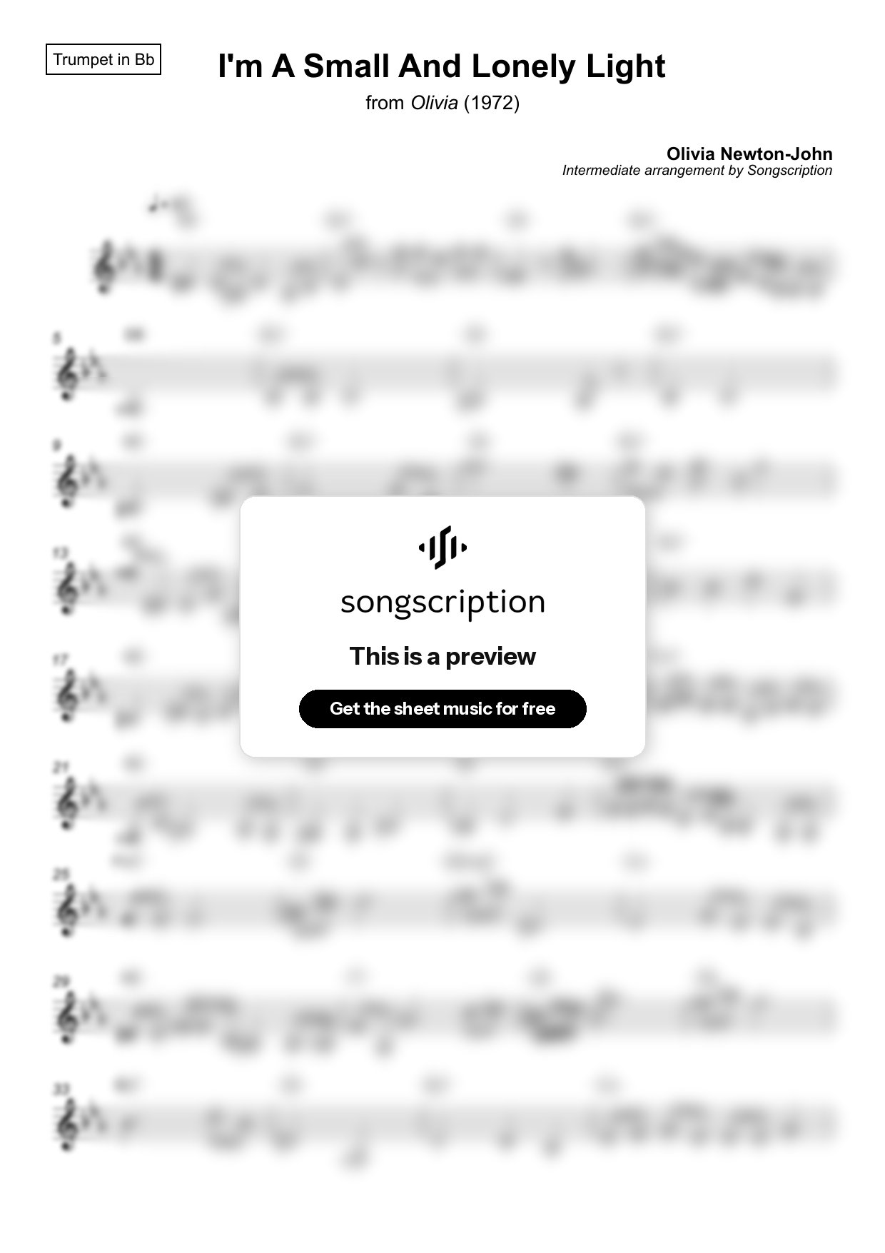 Intermediate Trumpet Sheet Music for "I'm A Small And Lonely Light" by Olivia Newton-John