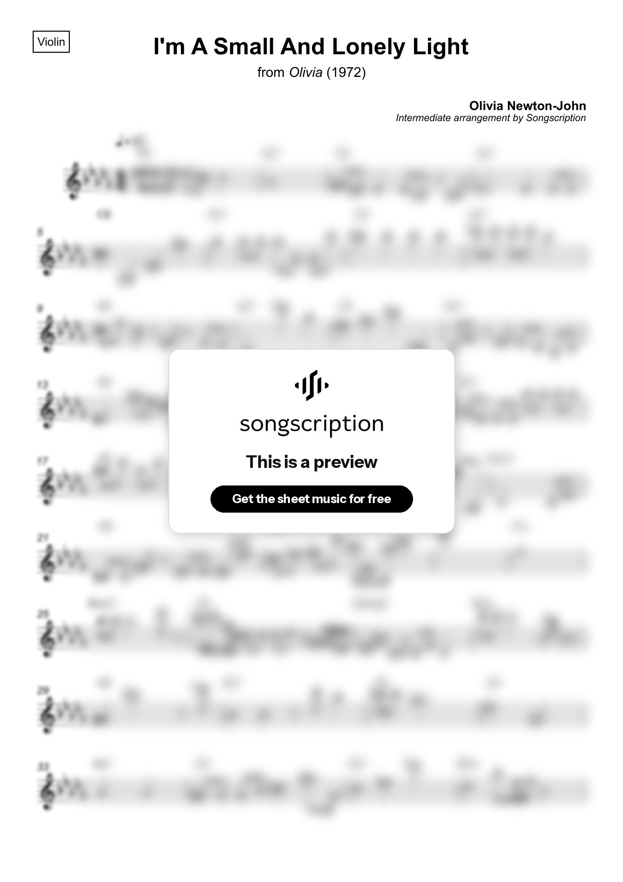 Intermediate Violin Sheet Music for "I'm A Small And Lonely Light" by Olivia Newton-John