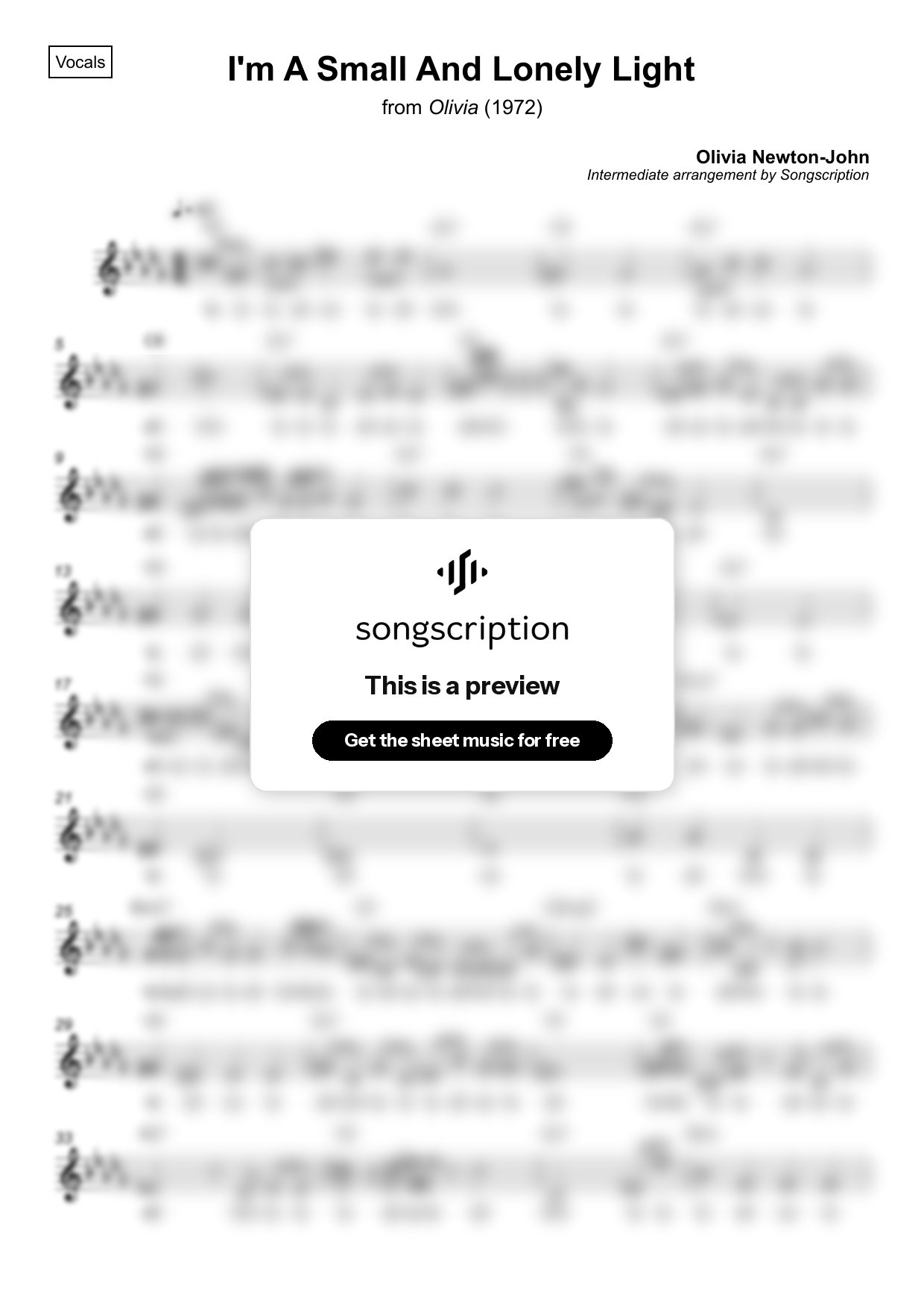 Intermediate Vocals Sheet Music for "I'm A Small And Lonely Light" by Olivia Newton-John