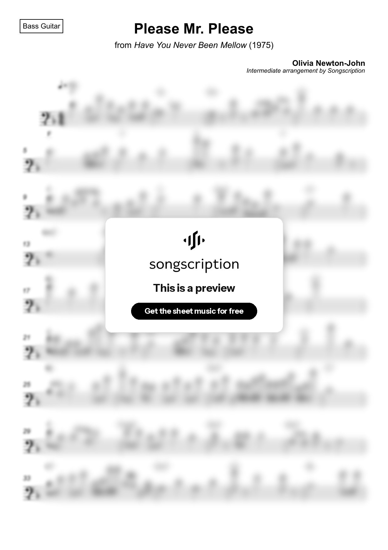 Intermediate Bass Guitar Sheet Music for "Please Mr. Please" by Olivia Newton-John